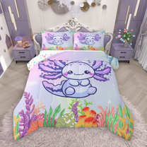 Manfei Funny Axolotl Bedding Comforter Set 2pcs, Ocean Animal Wildlife Twin Comforter Sets, Underwater Coral Bedding Set, Breathable Home Decor