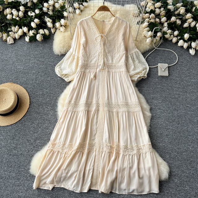 Dulce vestido Vintage con cuello en V, vestidos de manga acampanada, Patchwork de encaje, suelto, línea A, longitud media, vacaciones