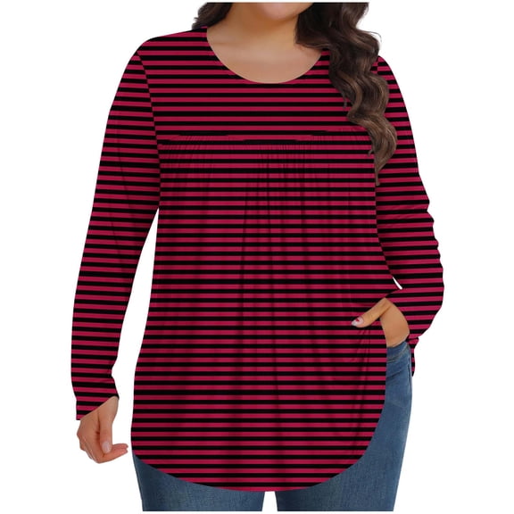 fatyb Plus Size Tops for Women Long Sleeve Casual Pleated Tunic Tops Womens Dressy Loose Tee Blouses