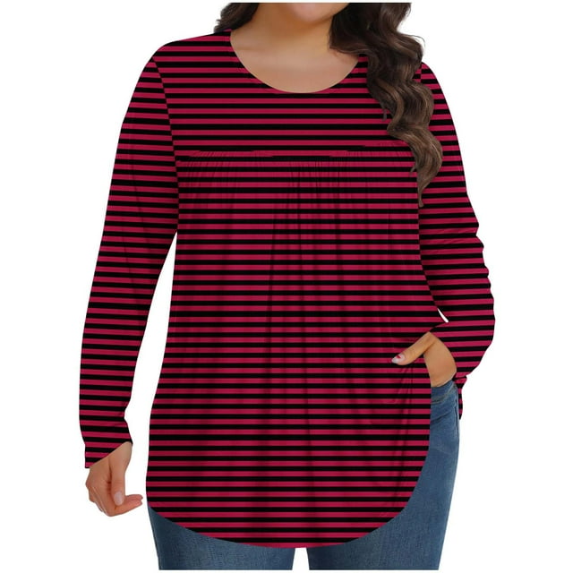 fatyb Hauts Grande Taille pour Femmes Manches Longues Tunique Plissée Décontractée Chemisiers Amples Habillés