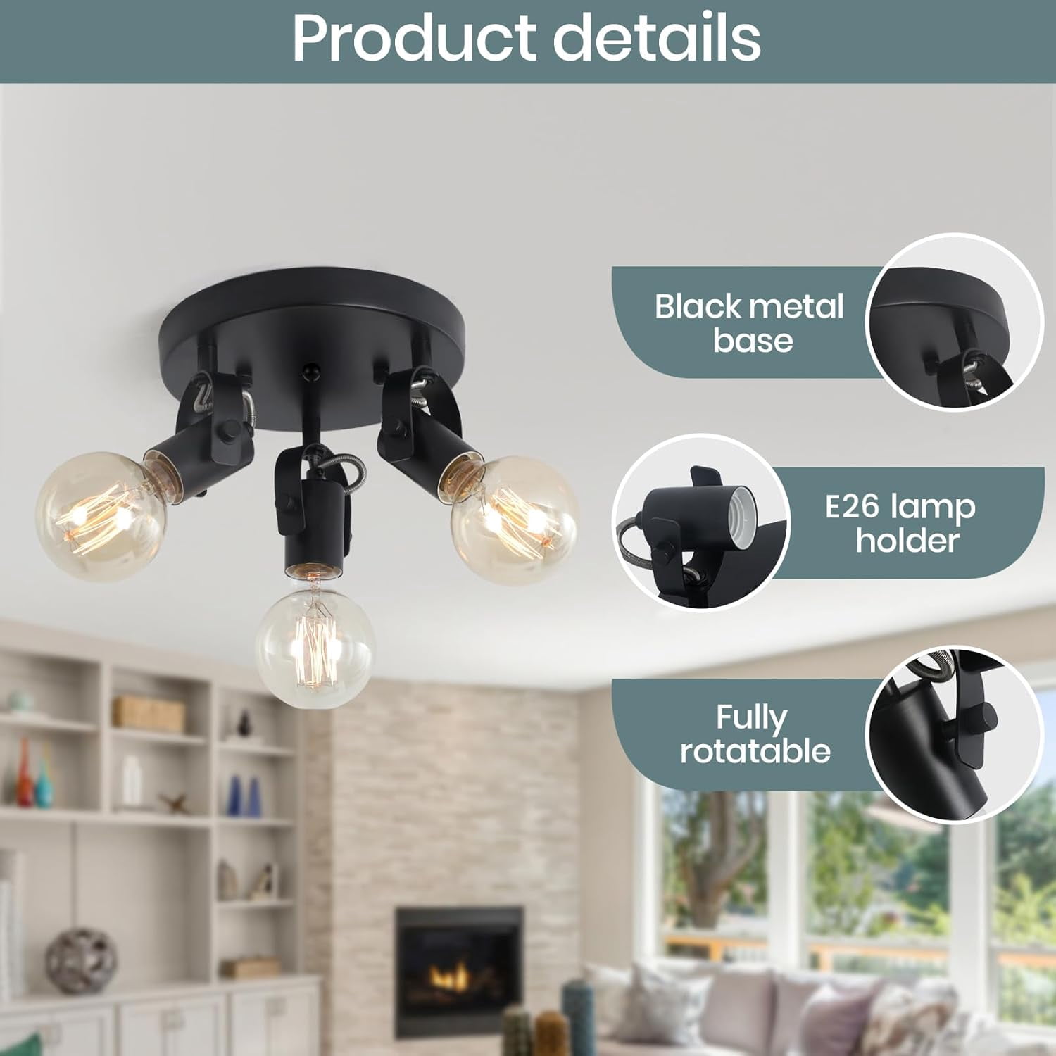 3-Light Flush Mount Ceiling Spotlight，Multi-Directional Track Lighting Fixtures Ceiling with Open No Shade Design, Black Kitchen Light for Island, Sink,Dining Room, Hallway (E26, Bulb Not Included)