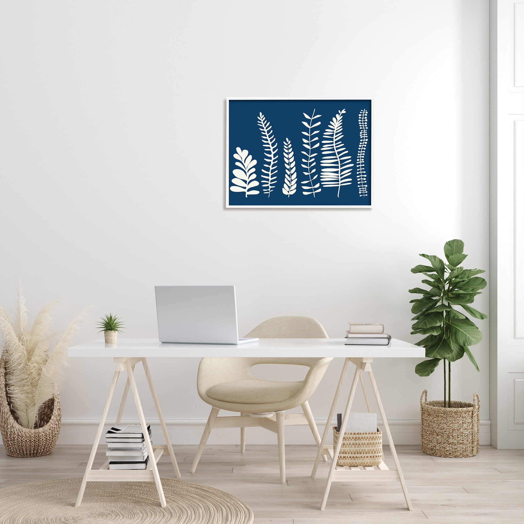 Stupell Industries Modern Fern Plant Leaves Blue Nature Silhouettes Graphic Art White Framed Art Print Wall Art, Design by Deborah Velasquez