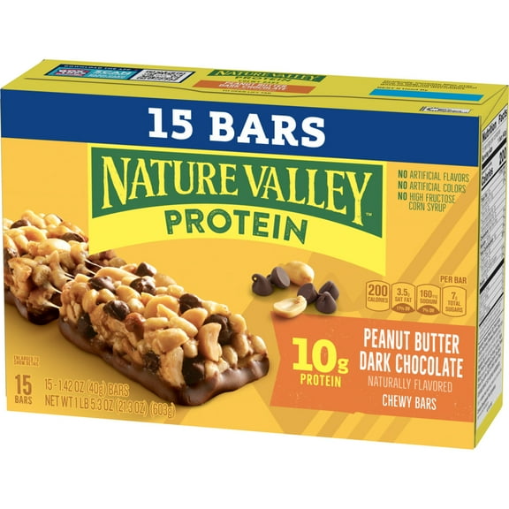 Nature Valley Peanut Butter Dark Chocolate Protein Bars 21.3 oz – Chewy Gluten-Free Snack Bars, 15 Count