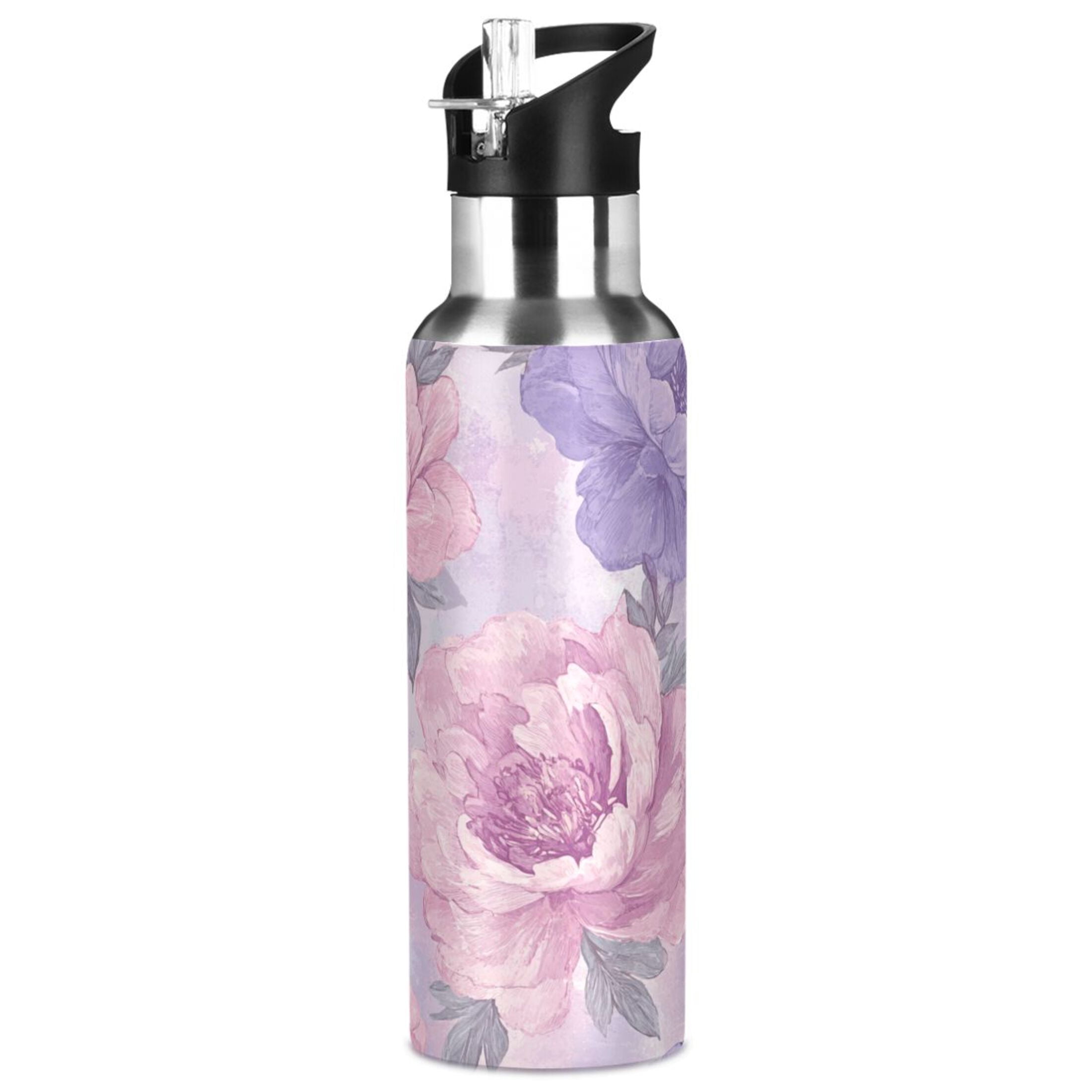 Pink and Lilac Peony Flowers Sports Bottle with Straw Stainless Steel Water Jug Portable Thermal Cup Leak-proof 600ML