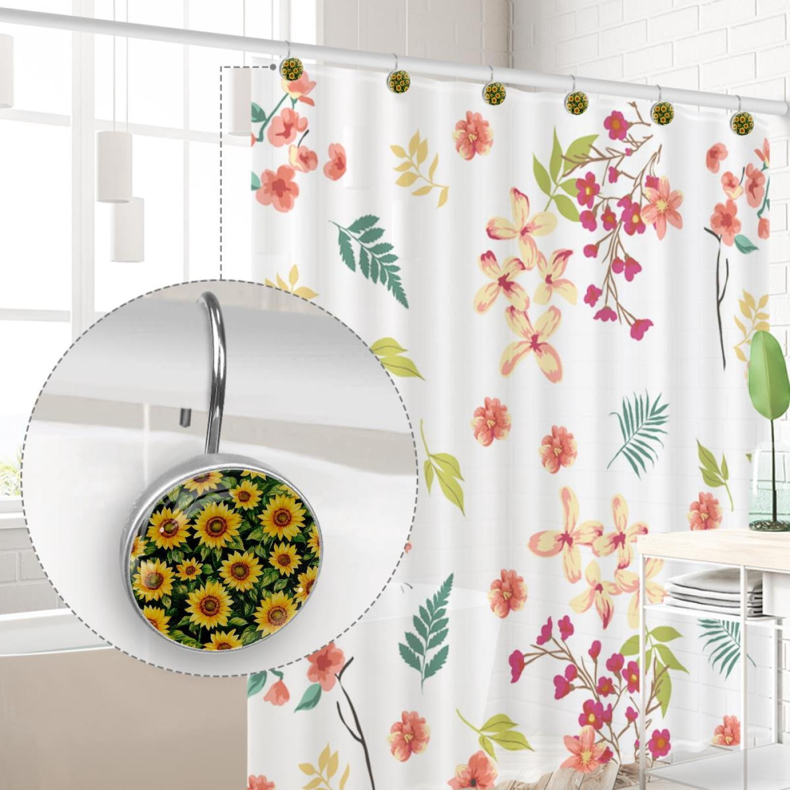 Sunflowers with Leaves Shower Curtain Hooks Round Crystal Glass, Set of 12 Shower Curtain Rings - Shower Hooks for Curtain Shower Rings