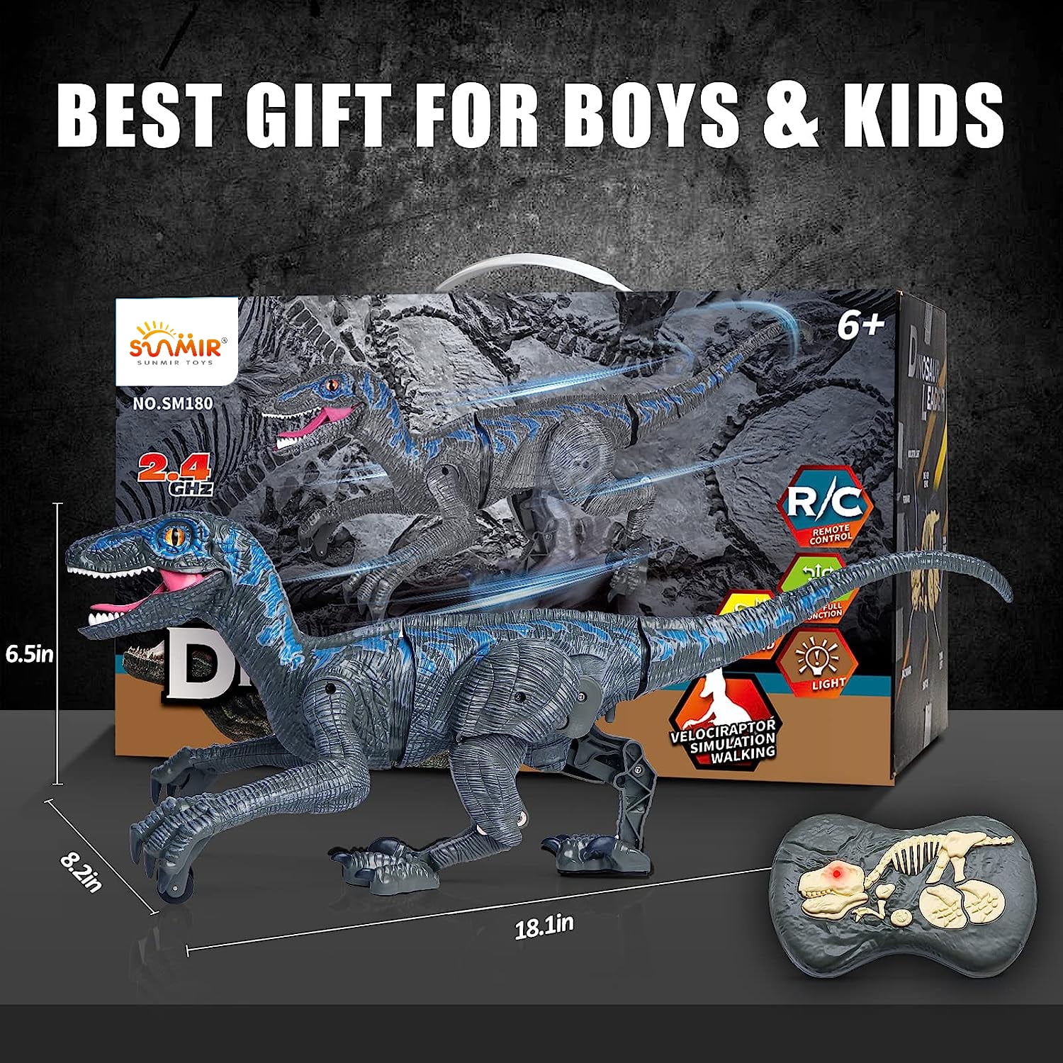JBee Ctrl Remote Control Dinosaur Toys for Kids Boys Girls Walking Robot RC T-Rex with Lights and Sounds Dinosaur Toy Gifts for Boys Age 3-5, 5-7, 8-12 Years Old - Blue