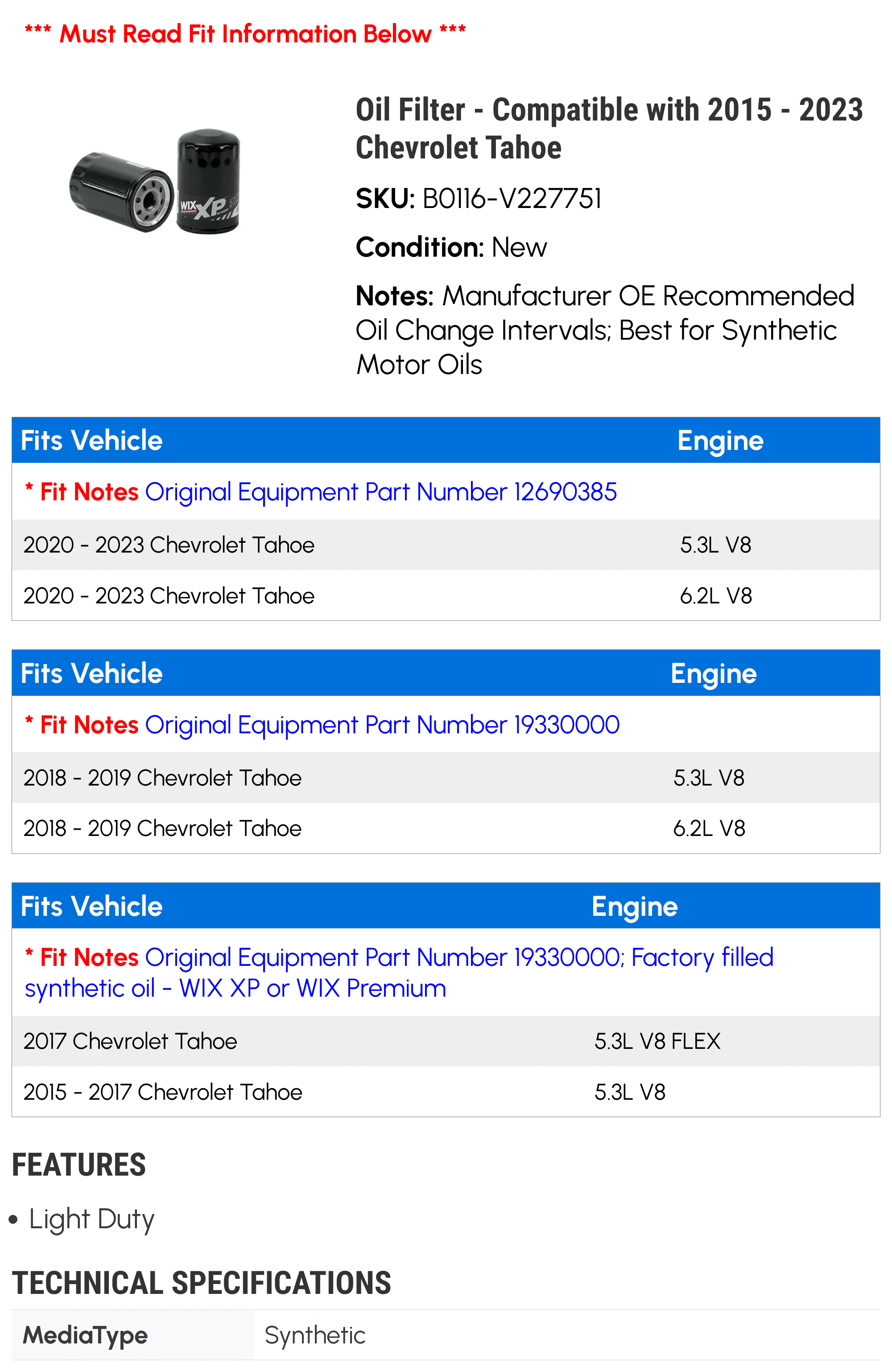 Oil Filter - Compatible with 2015 - 2023 Chevy Tahoe 2016 2017 2018 2019 2020 2021 2022