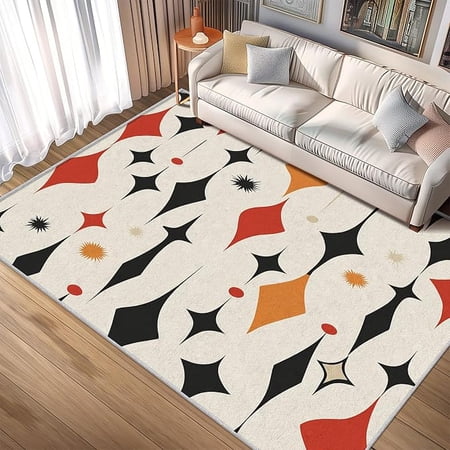 50s Rugs for Living Room Retro Mid Century Modern Geometric Atomic Abstract Pattern Design Area Rug 50s Bedroom Decor Carpet Non Slip Washable 3 x 4ft