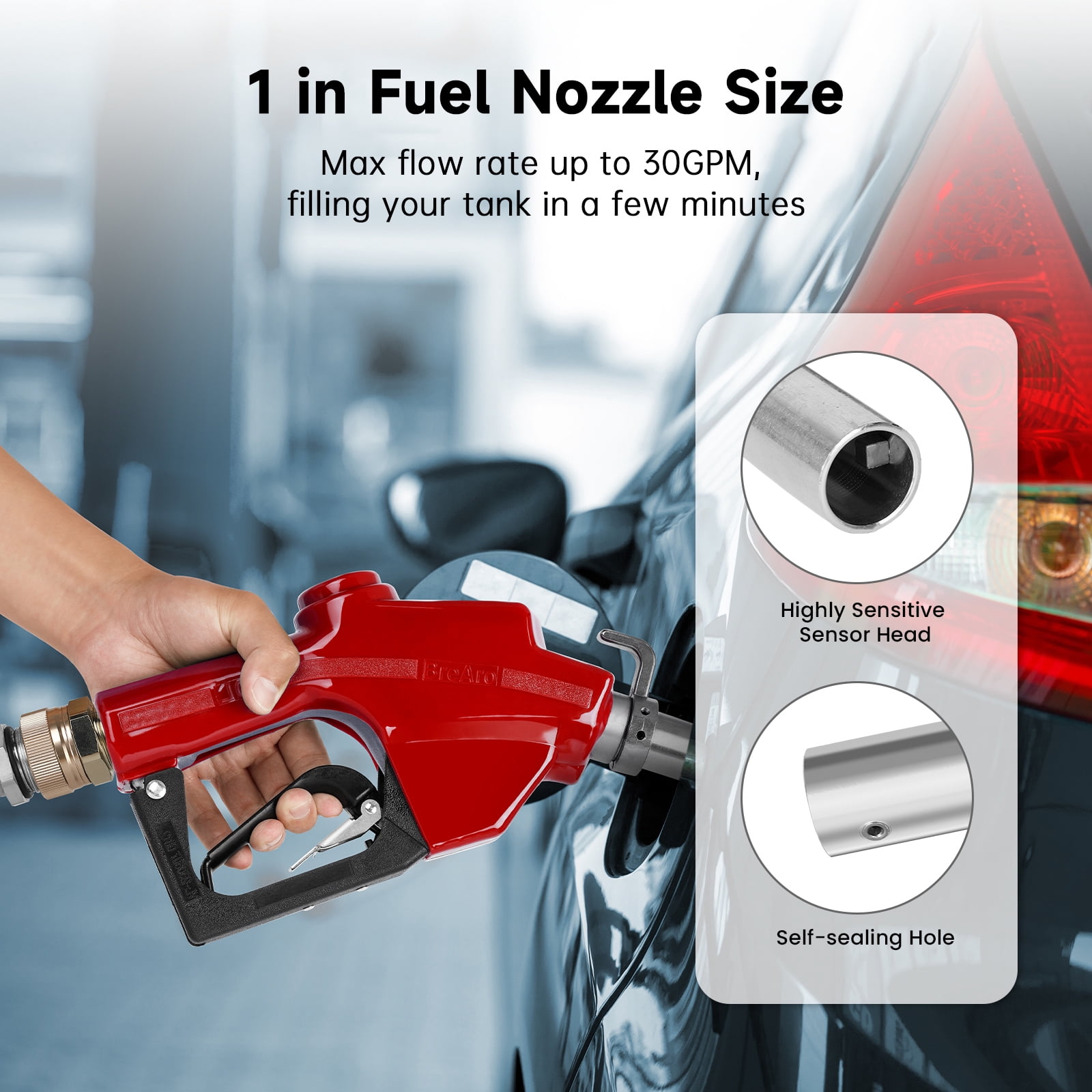 1" Inch NPT Automatic Fuel Nozzle Auto Shut-Off Red Fueling Nozzle with Swivel Joint 19/16 Inches (OD=30mm) Gas Pump Nozzle Three Notch Hold Open Clip Used For Diesel, Petrol , Red