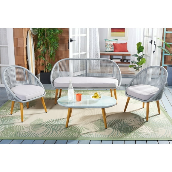 SAFAVIEH Halcott Outdoor Patio 4 Piece Conversation Set, Grey