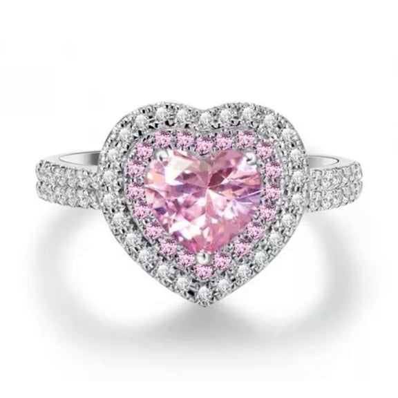 QQTDFG Pretty 925 Silver Filled Ring Heart Cubic Zirconia Wedding Jewelry Size 6-10-8-Pink