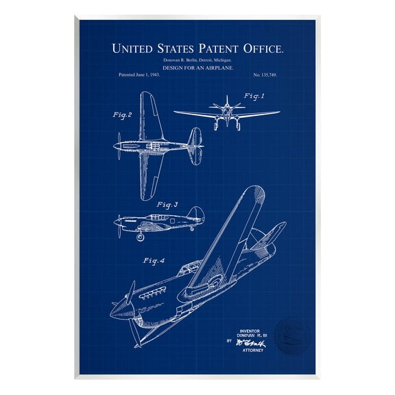 Stupell Industries Vivid Aircraft Blueprint Patent Graphic Art Unframed Art Print Wall Art, Design by Karl Hronek