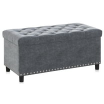 BELLEZE 35 Inch Storage Ottoman, Button-Tufted Ottoman Linen Storage Bench with Safety Close Hinge, Ottoman with Storage for Living Room, Entryway, Hallway, Foot Rest, Support 300lbs - Grey