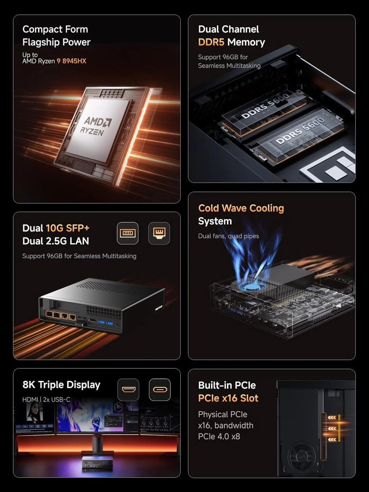 MINISFORUM MS-A2 Mini Workstation AMD Ryzen 9 8945HX(16C/32T,up to 5.4GHz) 32GB RAM 1TB SSD Mini PC, HDMI/2xUSB-C Triple Display Mini PC, 2x2.5G LAN Port|10G SFP+ Port, Support M.2 2280/22110/U.2 SSD