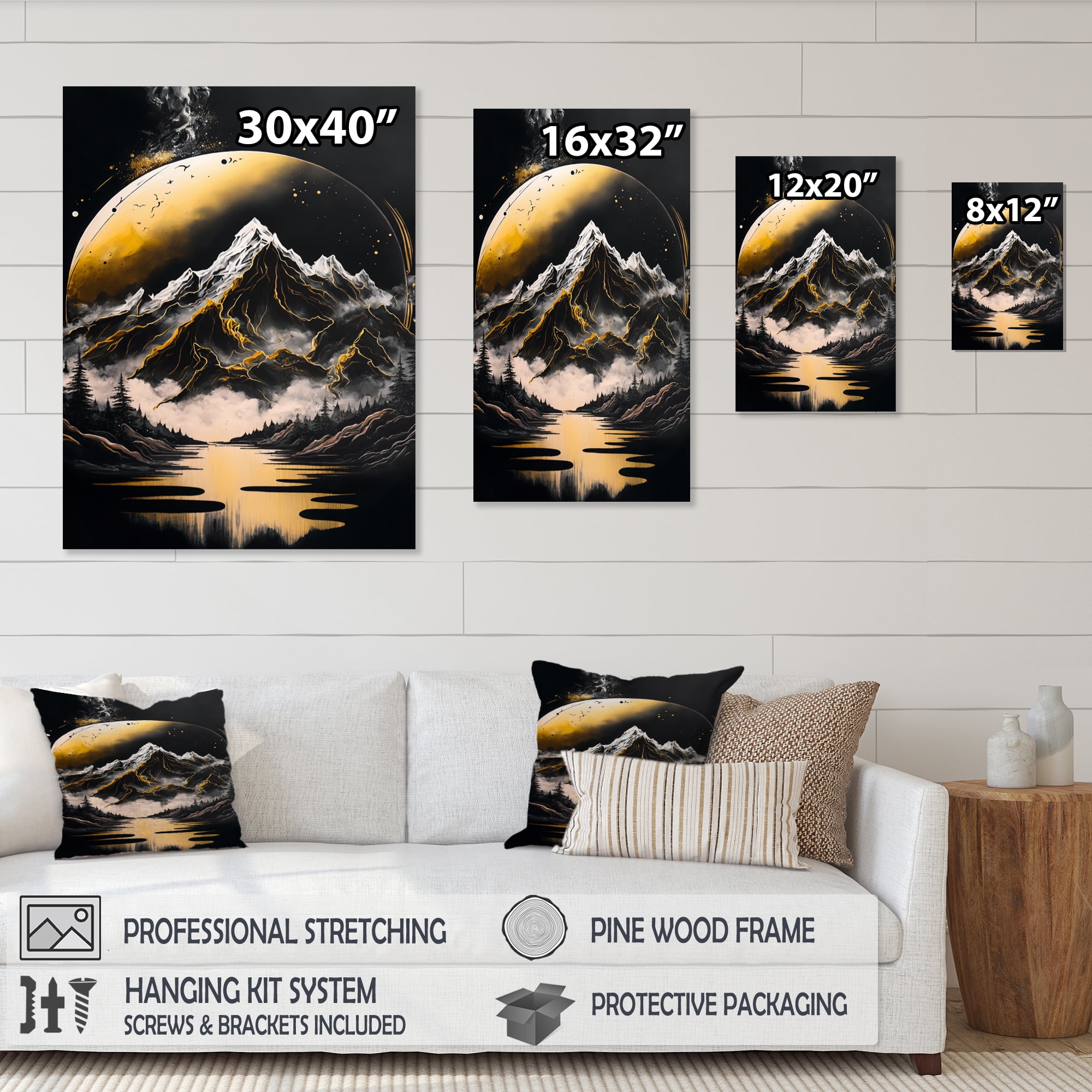 Designart Black And Gold Mountain Landscape V Canvas Wall Art