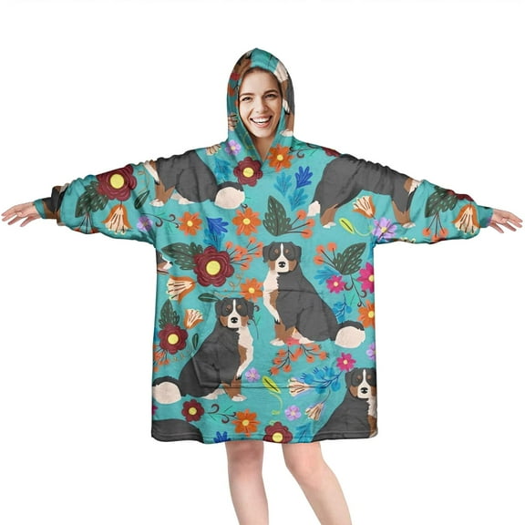 Wearable Oversized Blanket,Bernese Mountain and Flower Wearable Blanket Hoodie for Adults,Cozy Hooded Blankets with Super Pockets,Super Warm Fuzzy Pullover for Women & Men
