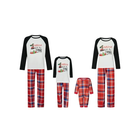 

Suanret Christmas Family Pajamas Matching Set Christmas Tree Print Long Sleeve Tops Plaid Pants Sleepwear Black Red Mom-2XL