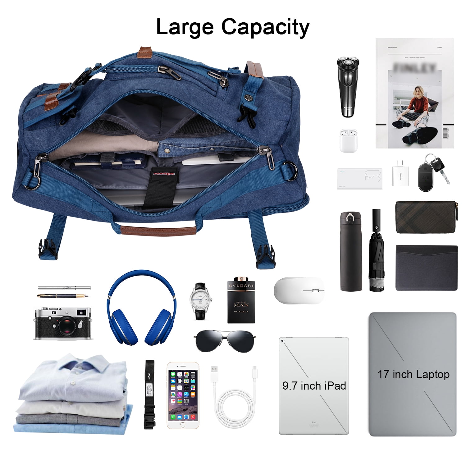 WITZMAN Travel Backpack for Men Large Canvas Backpack Luggage Carry on Duffel Bag A519-1 Blue