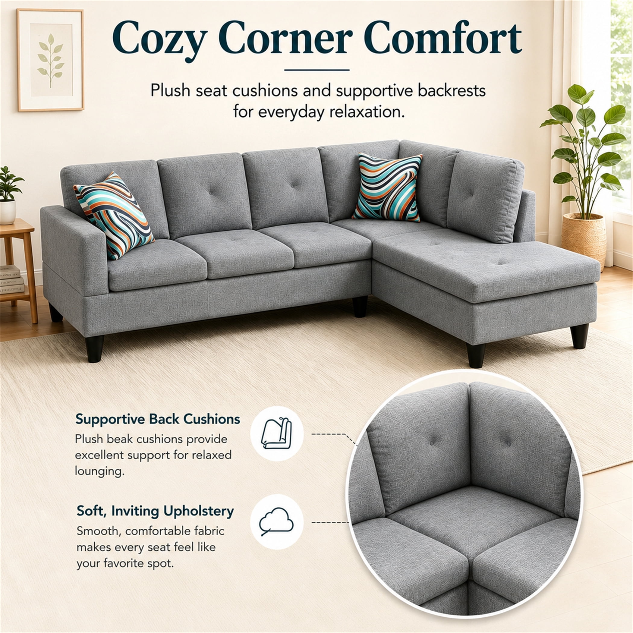 Aukfa 97" Classic Sectional Sofa 4 Seat L shape Couch for Living Room, 2Pillows, Oversized Right Chaise, Linen, Gray