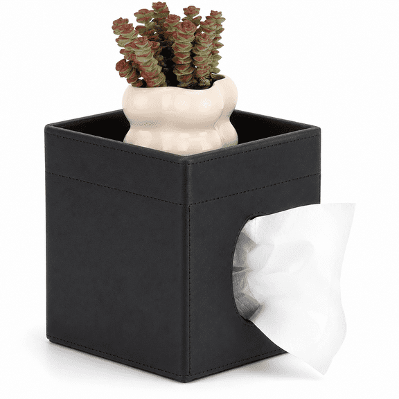 ABCISI Tissue Box Cover with Storage Tray, Black Leather-Textured Square Tissue Holder with Side Dispensing Opening, 6.1 x 5.7 x 6.6 Inch Organizer for Bathroom, Bedroom and Office