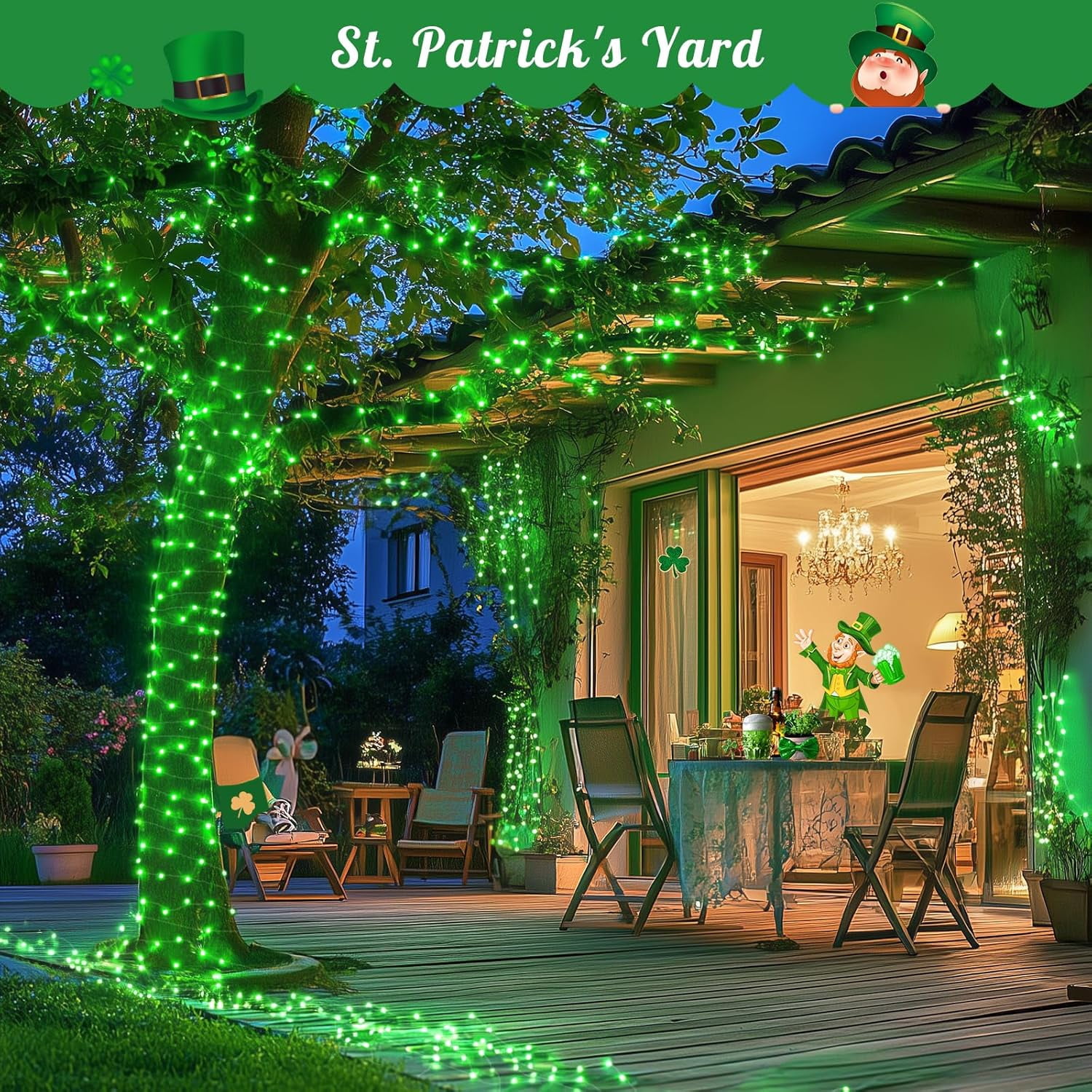 2 Pack Green Solar Fairy Lights, Each 33ft 100 LED Green Solar Lights Outdoor, Waterproof St Patricks Day String Lights for Outside Patio Garden Party Tree Decorations