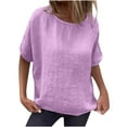 thumbnail image 2 of iHengLiXing Spring Tops for Womens Dressy Casual Women Solid Color Round Neck Half-sleeved Linen Blouse Purple L, 2 of 9