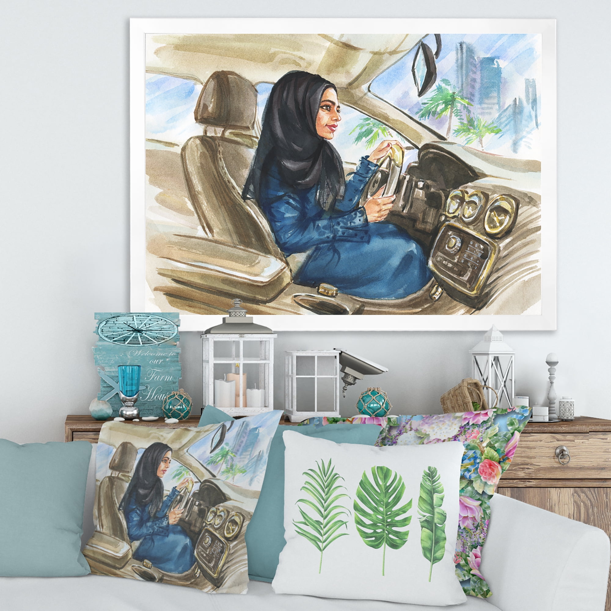 Designart 'Arabian Lady Driving A Car I' Modern Framed Art Print