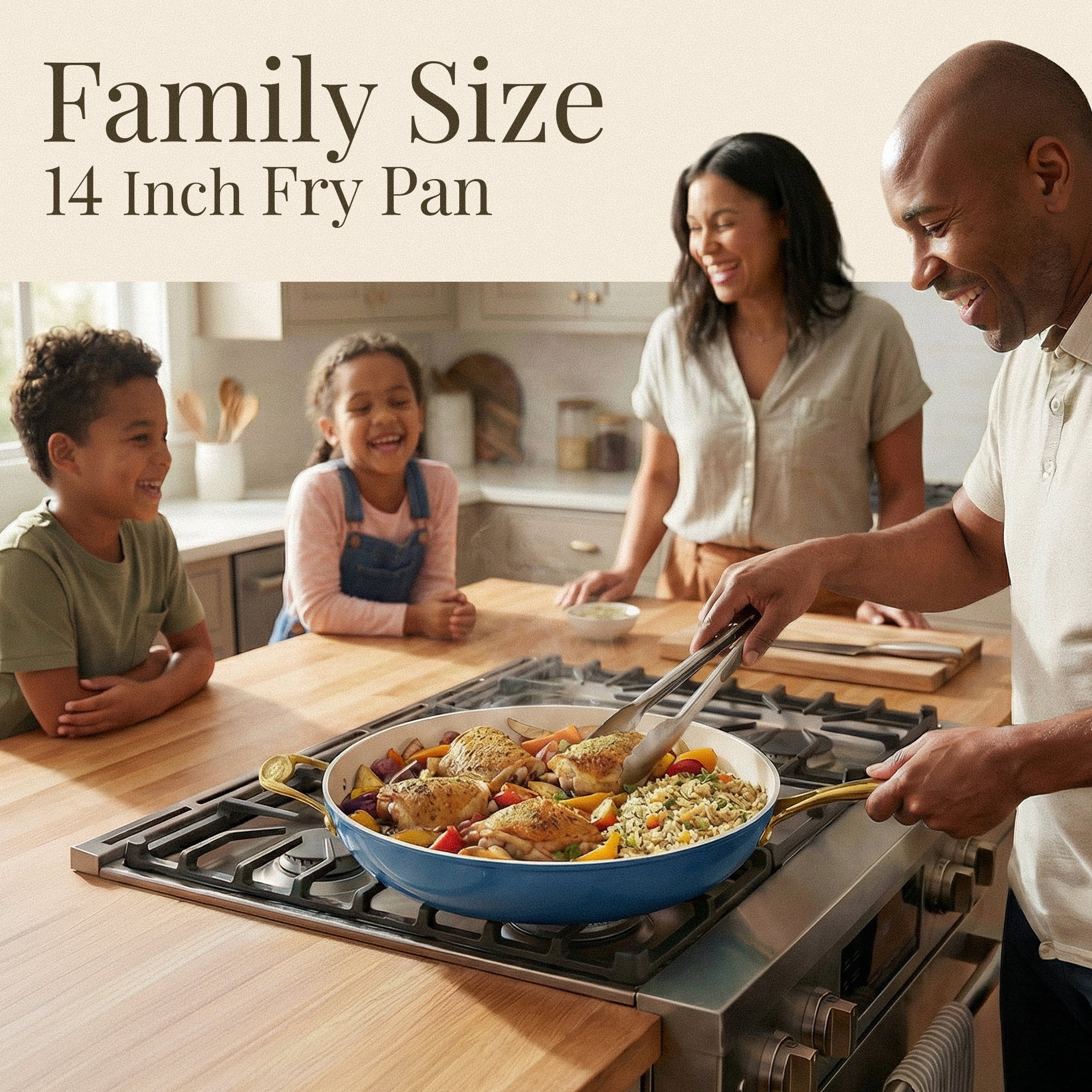 Gotham Steel 14 Inch Large Frying Pan with Lid, Ceramic Non Stick Frying Pans Skillet, Non Toxic Frying Pans Nonstick for Sauté & Cooking, Oven & Dishwasher Safe, Navy/Cream with Gold Handles