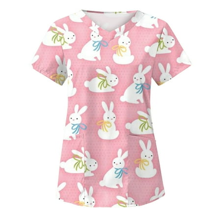 

Women Clothes Clearance Deep V Neck Spandex Tops for Girls Short Sleeve Graphic Work Anatomy Scrub Easter Cute Animal Bunny Tops Womens AM