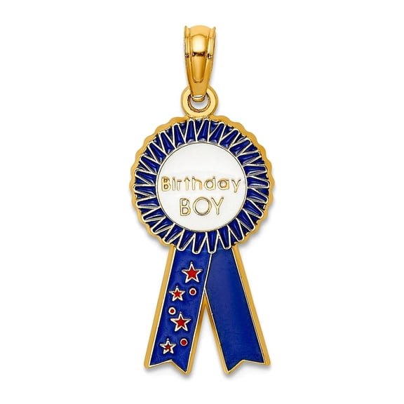 14k Gold Birthday Ribbon With Blue Enamel Charm 23.5x10.8mm Wide Pendant Necklace for Women
