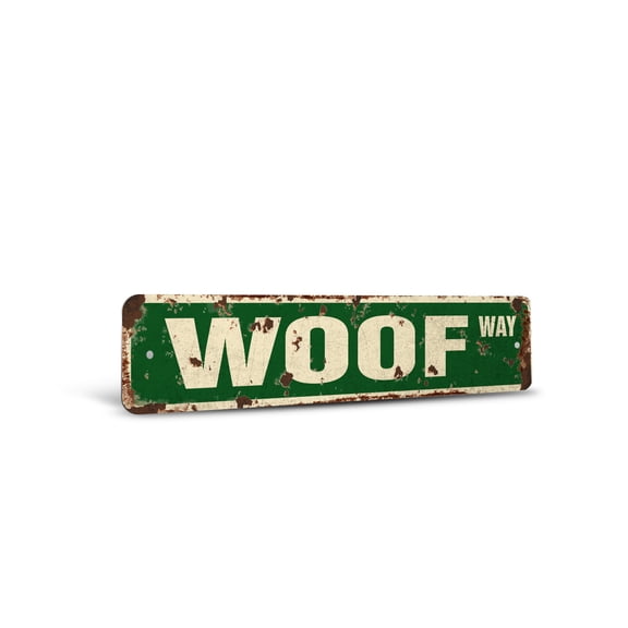 WOOF Vintage Style Rustic Street Sign – Dog Lover Animal Bark Groomer Retro Decorative Wall Sign for Home, Bar, Garage, or Outdoor Use | 4" X 18" Plastic Road Sign