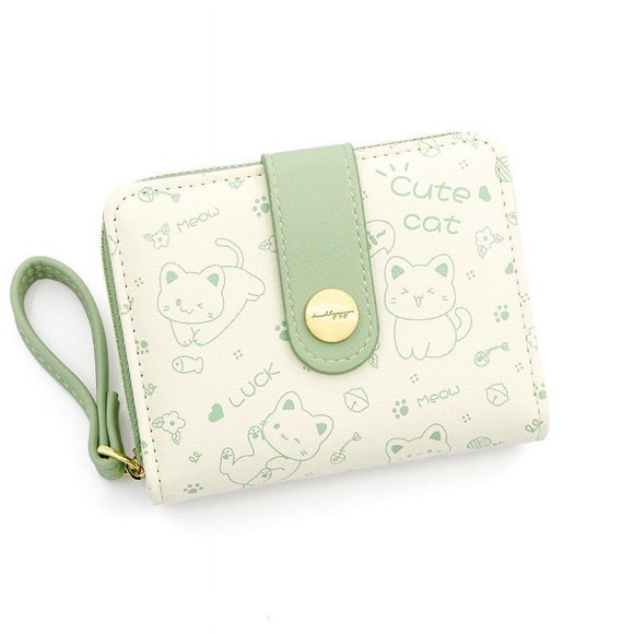 KUIZAP 2023 Nouveau Mignon Portefeuille pour Femme avec Chat Court Sac pour Cartes d'Étudiante Portefeuille à Fermeture Éclair Portefeuille pour Fille (Vert)