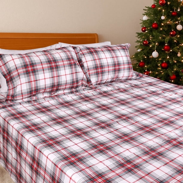 Gogreen Juego de Sábanas Matrimonial de 4 Pzas con Bolsillo Profundo, 100% Algodón, con Estampado Navideño, de 16.0 In, Transpirable, Súper Suave, Juego de Sábanas de Tamaño Matrimonial, Estilo Hotel de Lujo, Decoración Del Hogar, Regalo para Mujer y Hombres