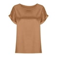 thumbnail image 3 of RQYYD Women's Short Sleeve Satin Blouses Casual Loose Crewneck Silk Shirts Summer Roll Up Sleeve Tunic Tops(Khaki,M), 3 of 5