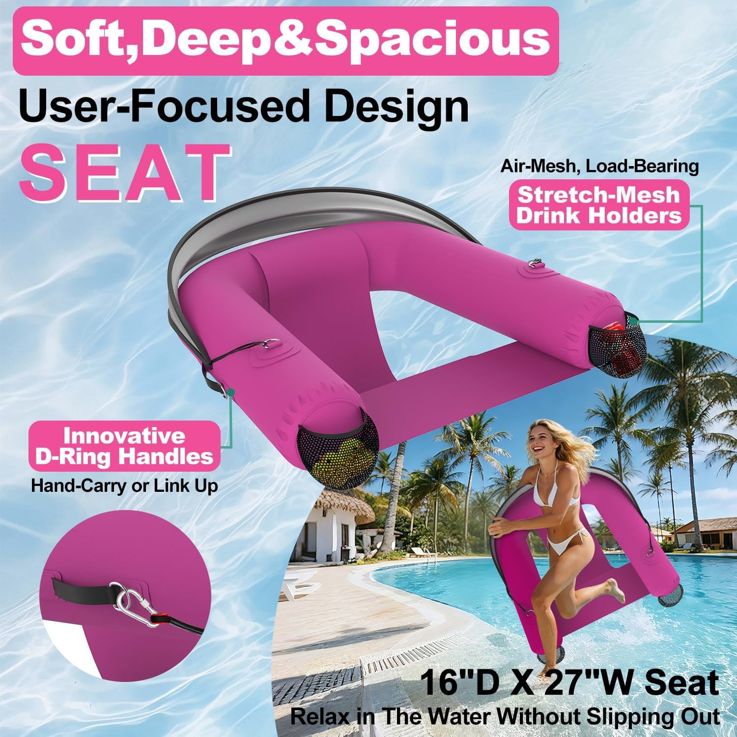 Pipopa Adult Inflatable Pool Floats&nbsp;with UPF50+ & Rain Canopy,2 Large Drink Holders,Inflatable Lounger Float for Swimming Pool,Beach,Party,Pink