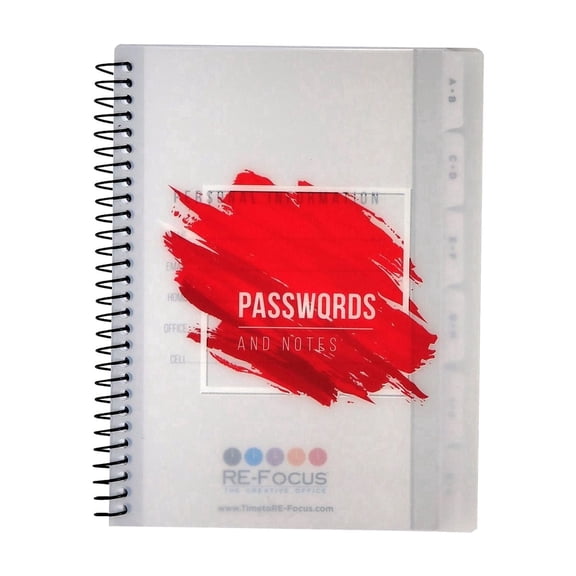 RE-FOCUS THE CREATIVE OFFICE, Small/Mini Password Book, Alphabetical Tabs, Spiral Binding, Red