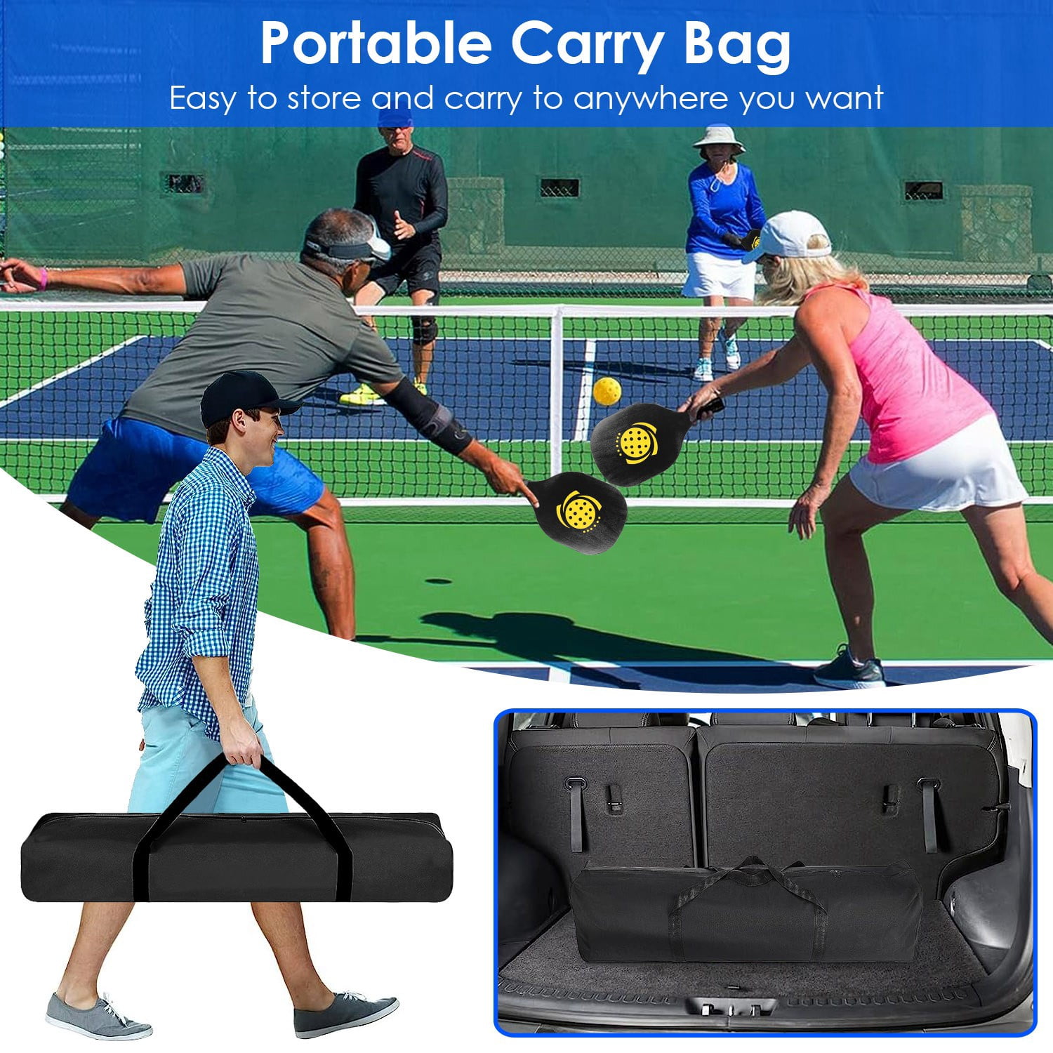 16.09lbs Portable Pickleball Set Moclever Pickleball Paddles Set of 4 with 4 Pickleballs  Carrying Bag for Driveway Backyard, 22x1.67x3ft