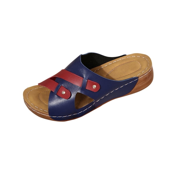 Slide Sandals for Women Wedge Sandals Cross Straps Color Block Open Toe Leather Summer Walking Sandals Navy
