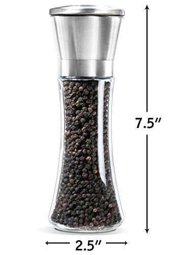 5 Grade Adjustable Ceramic Rotor- Salt and Pepper Shakers by Levav Copper 6 Oz Glass Tall Body Premium Salt and Pepper Grinder Set of 2- Brushed Pepper Mill and Salt Mill
