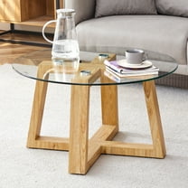 Coffee Table, Round Coffee Table for Living Room Modern Glass Coffee Table with Solid Wood Legs Modern Mid Century Center Table Large Circle Cocktail Table (Natural   Transparent, 31.5in)