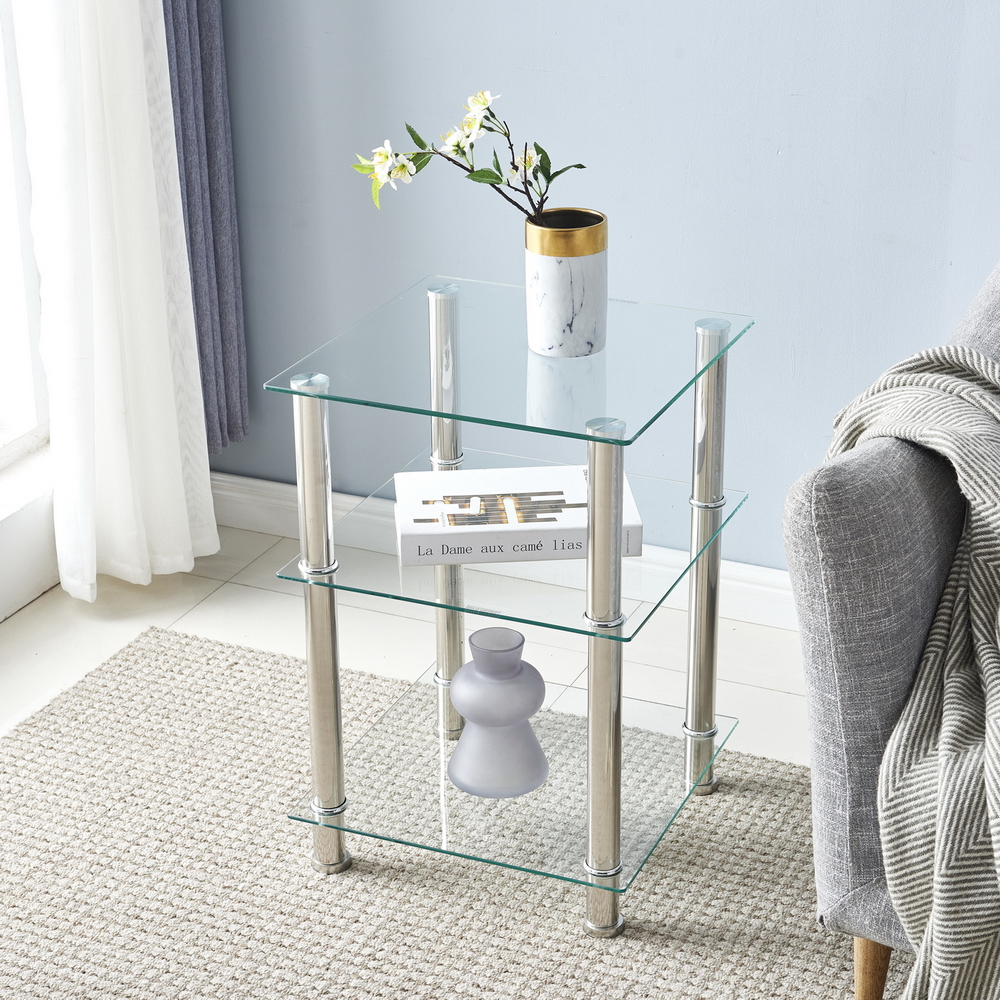 Topcobe 3 Tier Stepped Tempered Glass Top Square End Table for Bedroom