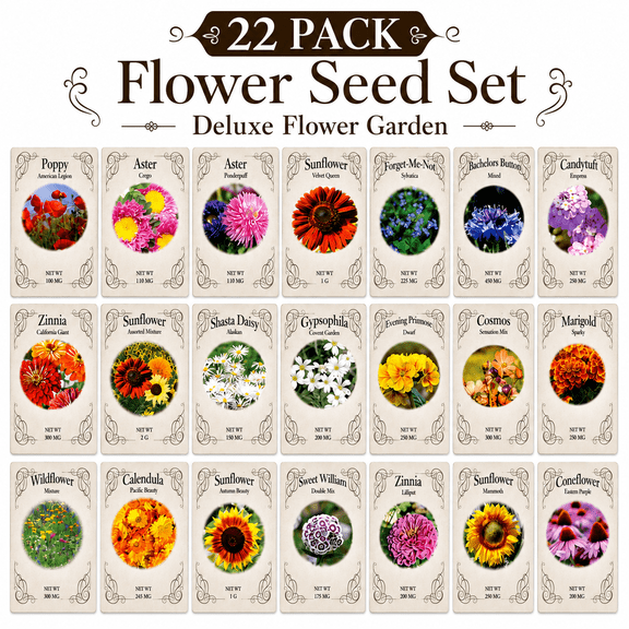 Set of 22 Valley Green Black Duck Brand Heirloom Flower Seeds 22 Different Varieties Non-GMO (Variety Deluxe Flower Garden)