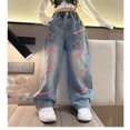 thumbnail image 5 of RUTAYY Toddler Kids Girls Jeans Distressed Elastic Waist Baggy Denim Wide Leg Trousers Leisure Pants, 5 of 9
