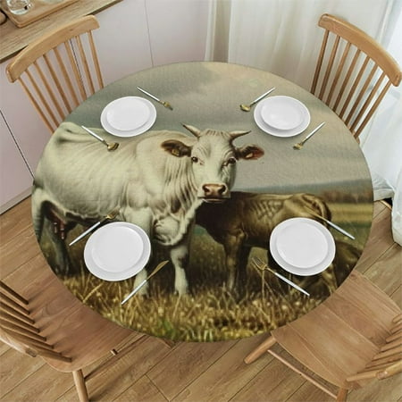 

Patifu Cow Calf Field Round Table Cover Stain Resistant Washable Indoor Outdoor Tablecloth Kitchen Dining Wedding Parties Outdoor Fitted 100% Polyester Fiber 54-58