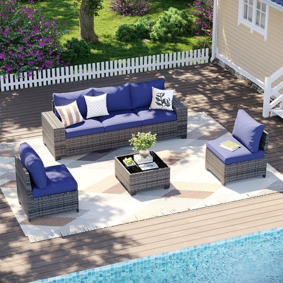 LazySunsets 6-Piece Outdoor Wicker Patio Conversation Set, Grey Rattan Sofa with Navy Blue Cushions, Tempered Glass Coffee Table for Backyard Garden Deck