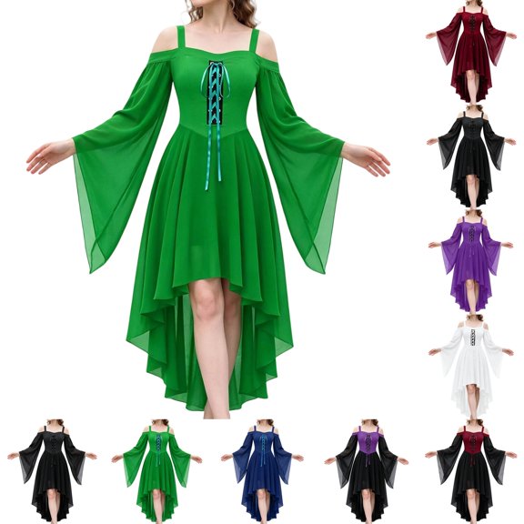 UDAUDU Women's Witch Halloween Dress Renaissance Vintage Gothic Dress Medieval With Trumpet Sleeves Halloween Party Costume Green 2XL