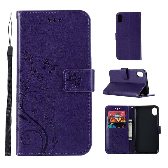 iPhone XR Case, iPhone XR 2018 Case - Allytech Premium Wallet PU Leather with Fashion Embossed Flower Magnetic Clasp Card Holders Flip Cover with Hand Strap, Purple