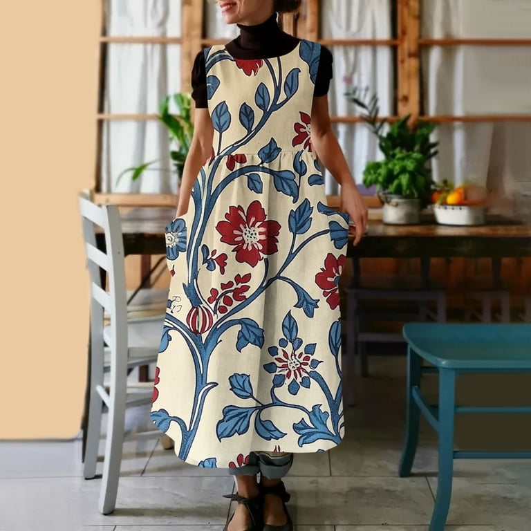 Uootdi Women's Apron Dresses Crew Neck Sleeveless Leaf Print Pocket Maxi Dresses Boho Lightweight Loose Pinafore Dresses Gift