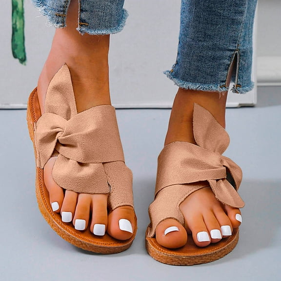 Borniu Womens Sandals Flip Flops for Women, Summer Casual Flat Slippers Bow-embellished Non-slip Comfortable Slippers Arch Support Comfortable Walking Wedge Sandals