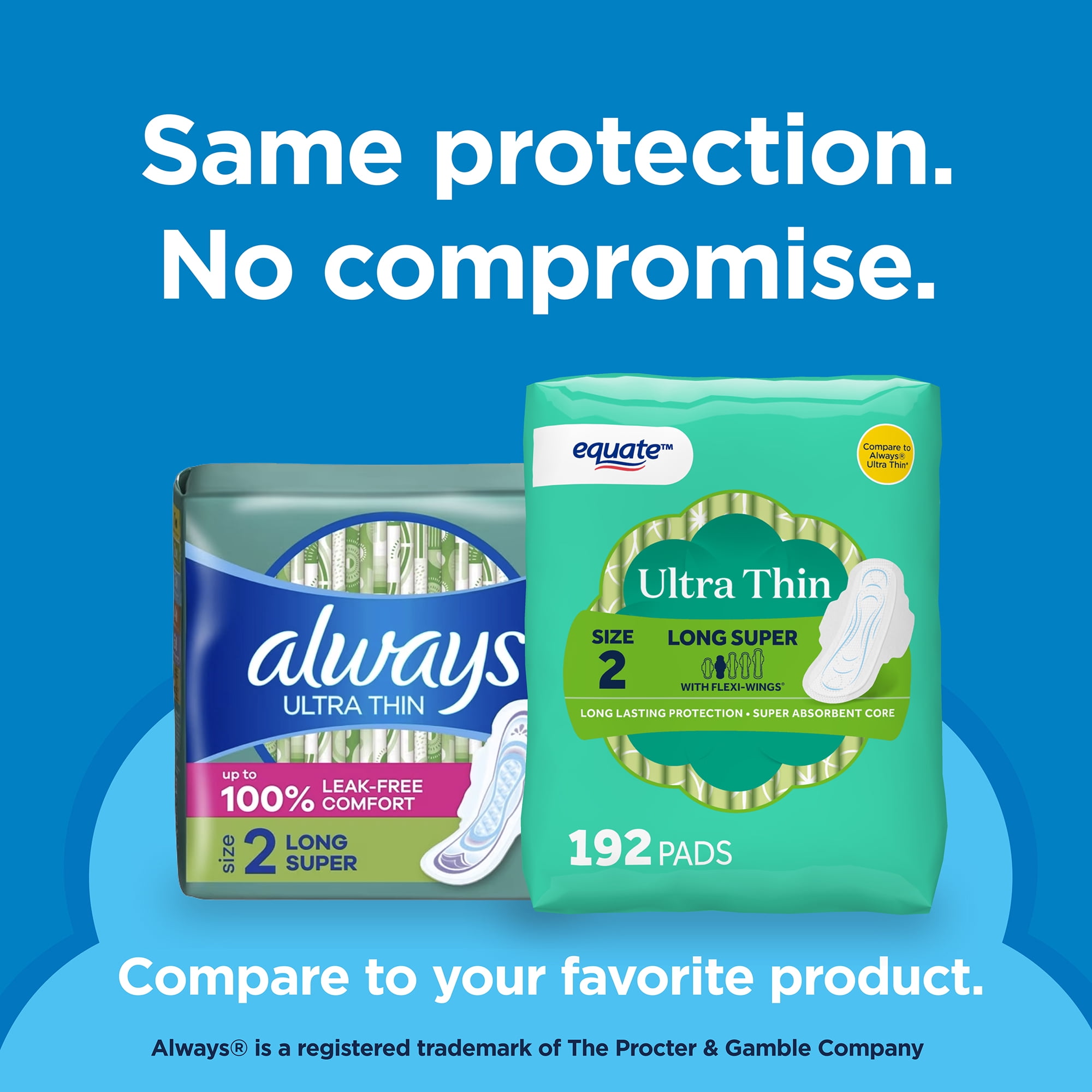 Equate Ultra Thin Pads with Wings, Size 2, Long Super Absorbency, Compare to Always (192 Count)